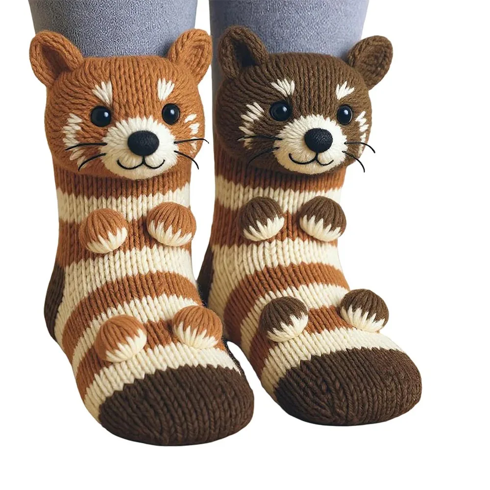 

3D Knit Animal Socks Hand Crocheted Warm Novelty Floor Socks Double Layer Breathable Middle Tube Socks for Men & Women