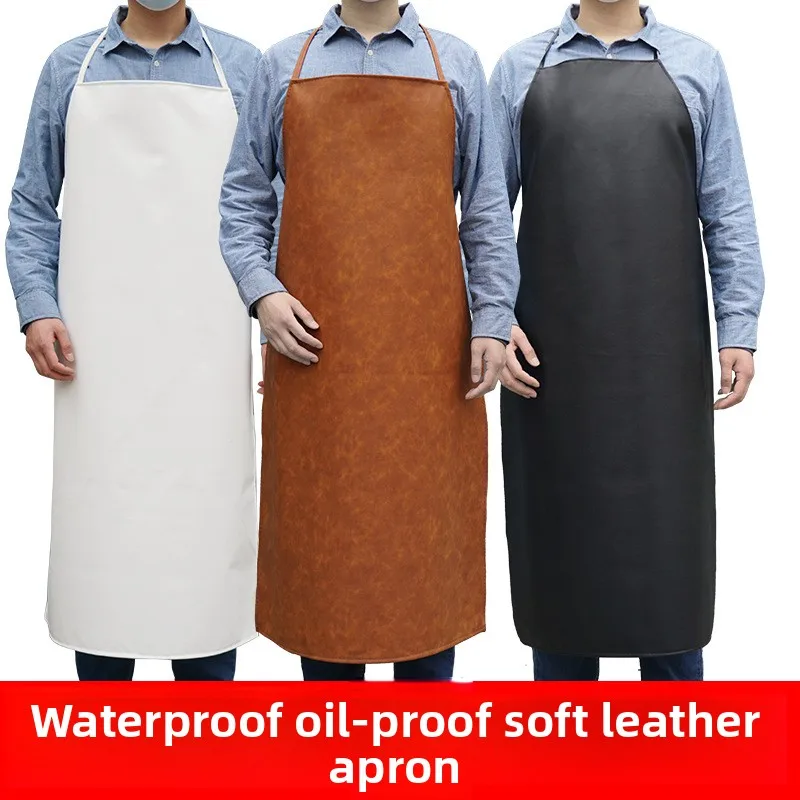 White Leather Apron Waterproof Oil Proof Home Kitchen Restaurant Work Oil Resistant Waterproof Leather Apron for Cooking BBQ