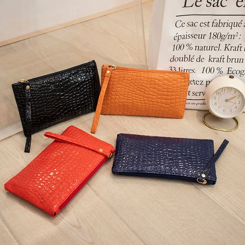 

Trendy Candy Color Wristlet Wallet Womens Croc Embossed PU Leather Coin Purse with Zipper Stylish
