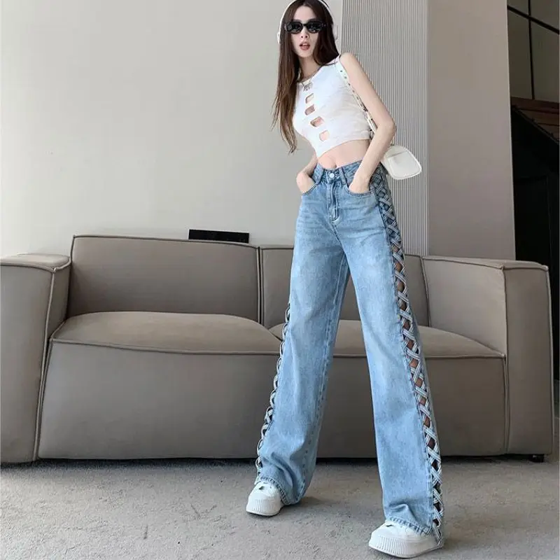 Neue Damen-Jeans, modische gewaschene Jeans für Damen, 2022, Sommer-Perlenhose mit hoher Taille, lockere Passform, gerade Jeans, Vintage Wh16