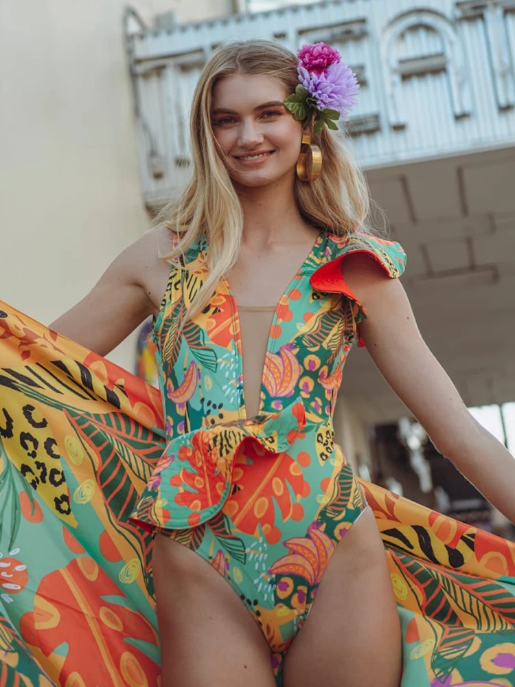 Miyouj 2024 Eendelige Pakken Badkleding Met Ruches En Bloemenprint Badpakken Voor Dames, Diep V Bodysuit Hoog Uitgesneden Strandkleding