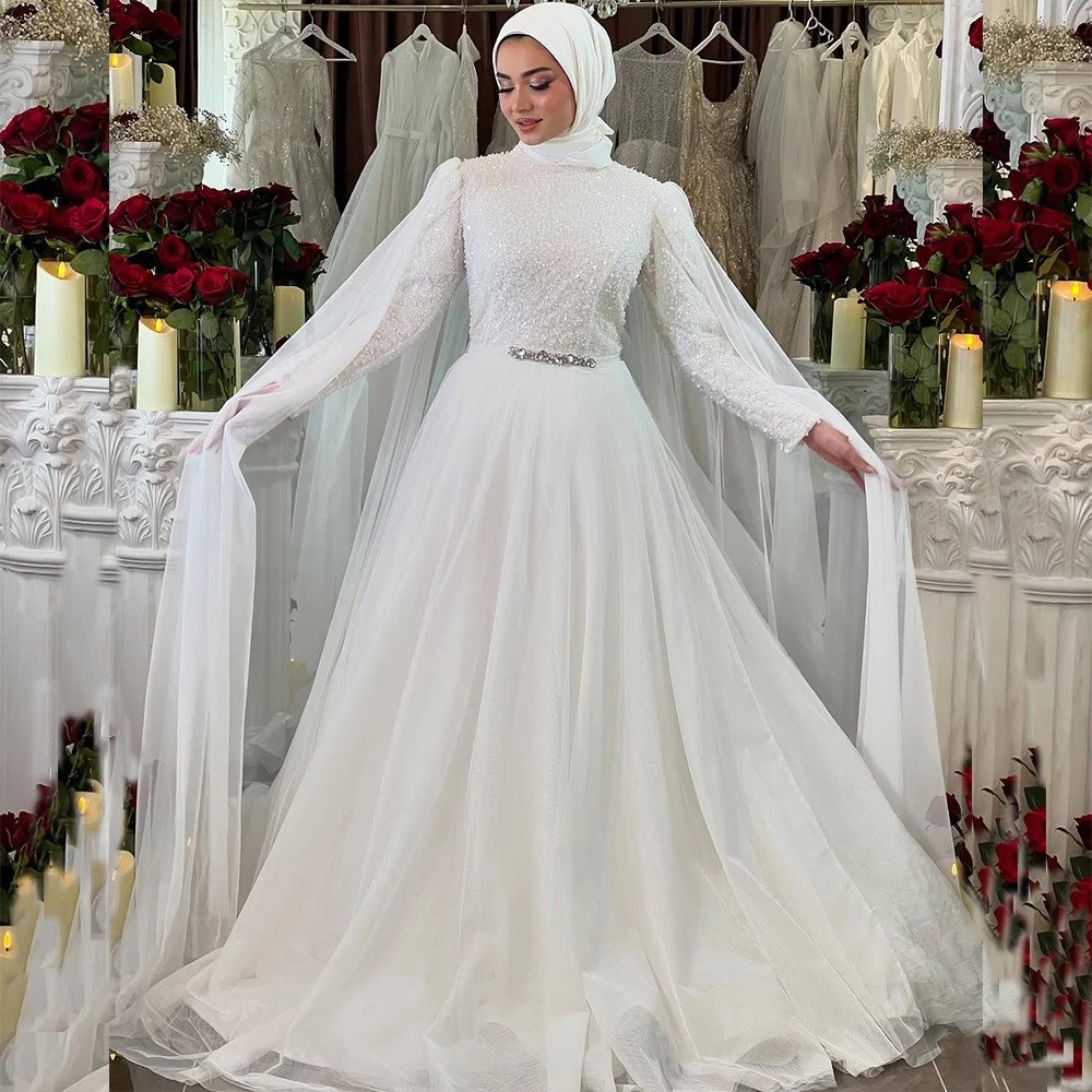 

Luxury Muslim Wedding Dresses with Cape High Neck Long Sleeve Bruidsjurken Hijab Sequined Beading A Line Bridal Gown Customized