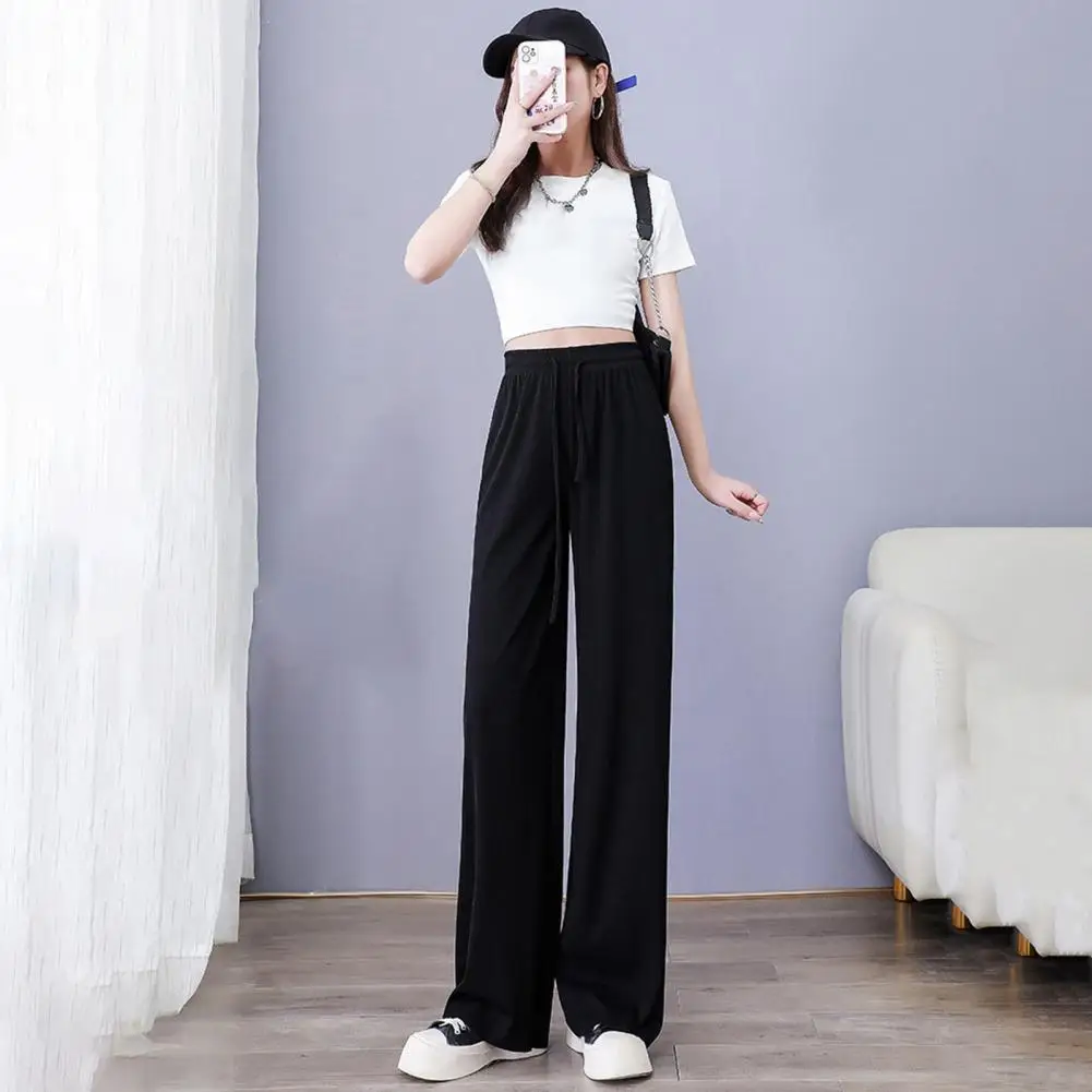 Sexy Wide Leg Pants Stylish Women's Ice Silk Wide Leg Pants with Adjustable Drawstring Elastic Waist for Comfortable Daily Wear