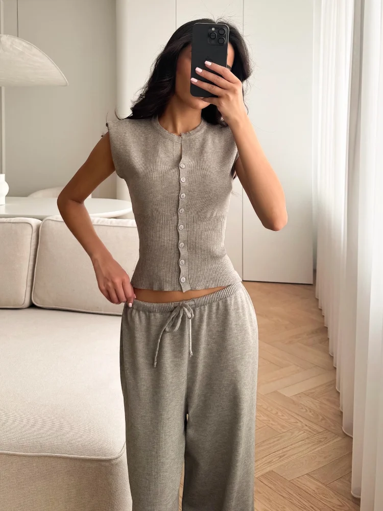 Solid Knit Sleeveless Set Crew Neck Single-Breasted Waist-Cinching Top Drawstring High-Waist Pants 2026 Mature Daily Casual Wear