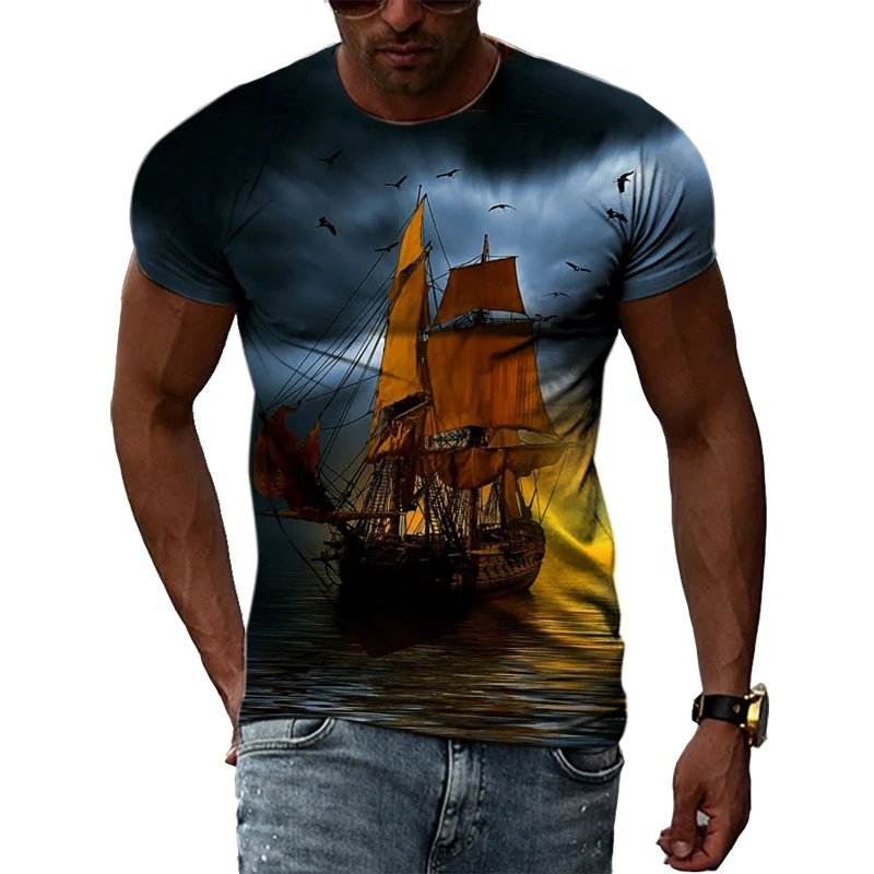 Summer Retro Sailboat graphic t shirts Fashion Men 3D Printed funny t shirts Hip Hop harajuku