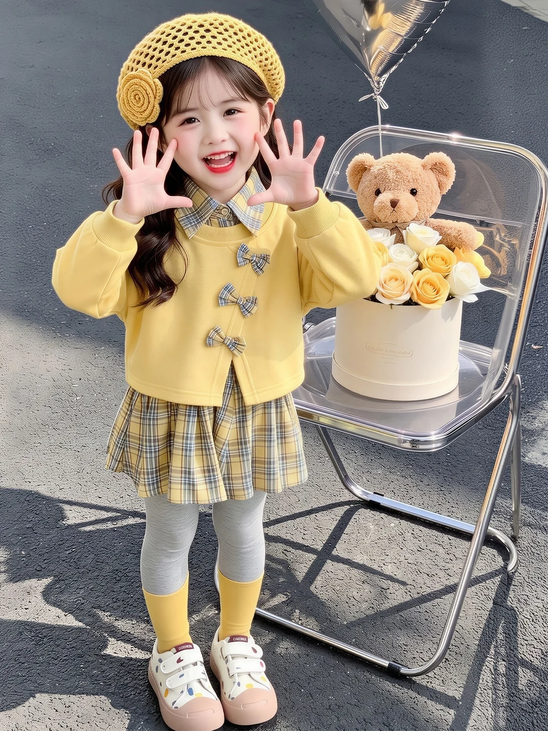Girls Plaid Long Sleeve  Knot Two-Piece Set Sweet Autumn Fashion Small Children's Clothing Brandless School Uniform