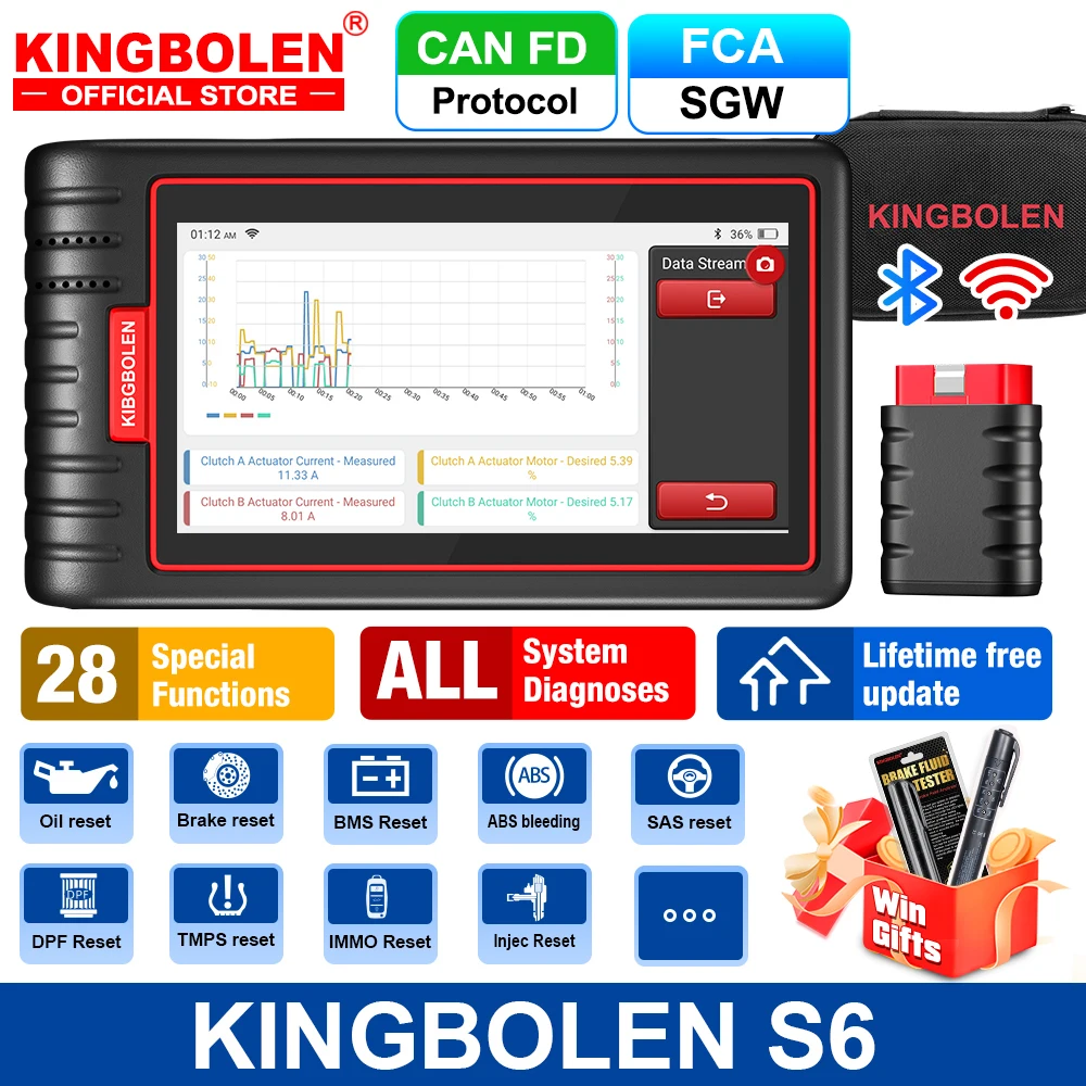 Mises à jour gratuites à vie - Dernière version KINGBOLEN S6 CAN FD - Outil de diagnostic automobile tous systèmes (français) - Scanner OBD - Bluetooth - 28 réinitialisations - Auto VIN