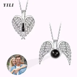 Personalized Photo Necklace Inlay Zircon Angel Wings Custom Projection Picture Necklace Angel Wings Customized Pendant Necklace