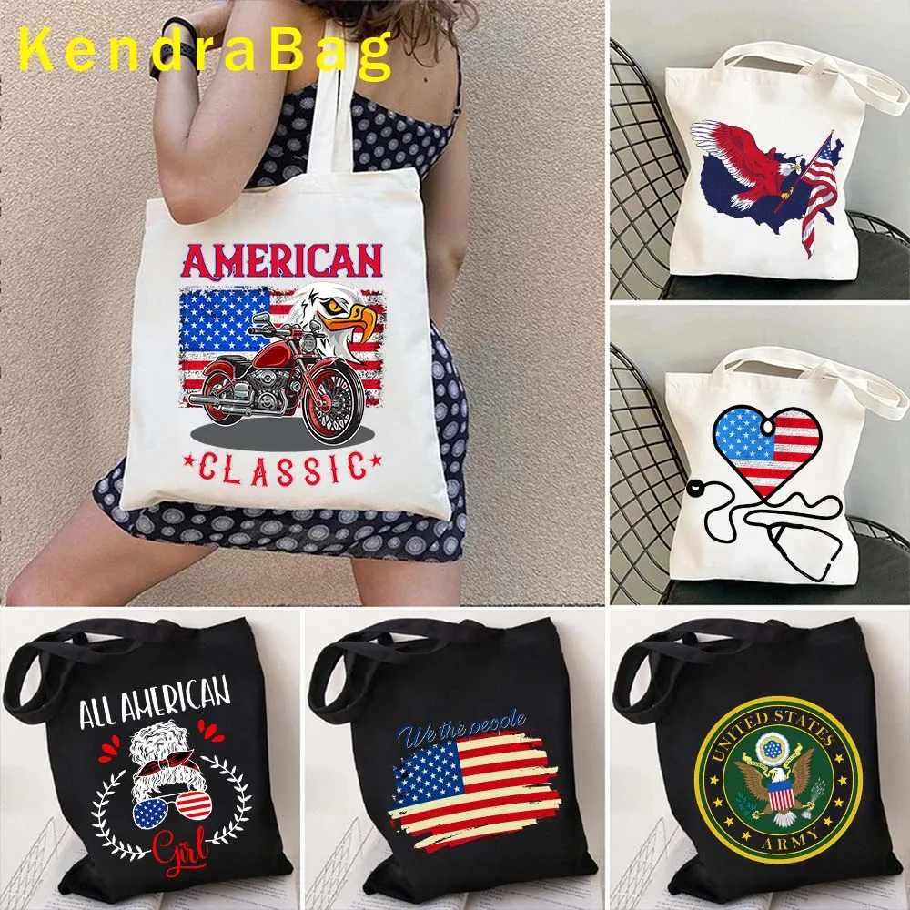 UNITED STATES OF AMERICA Eagle USA Flag Woman Patriotic Girls Shopper Harajuku Canvas Totes Bag Cotton Foldable Shopping Handbag