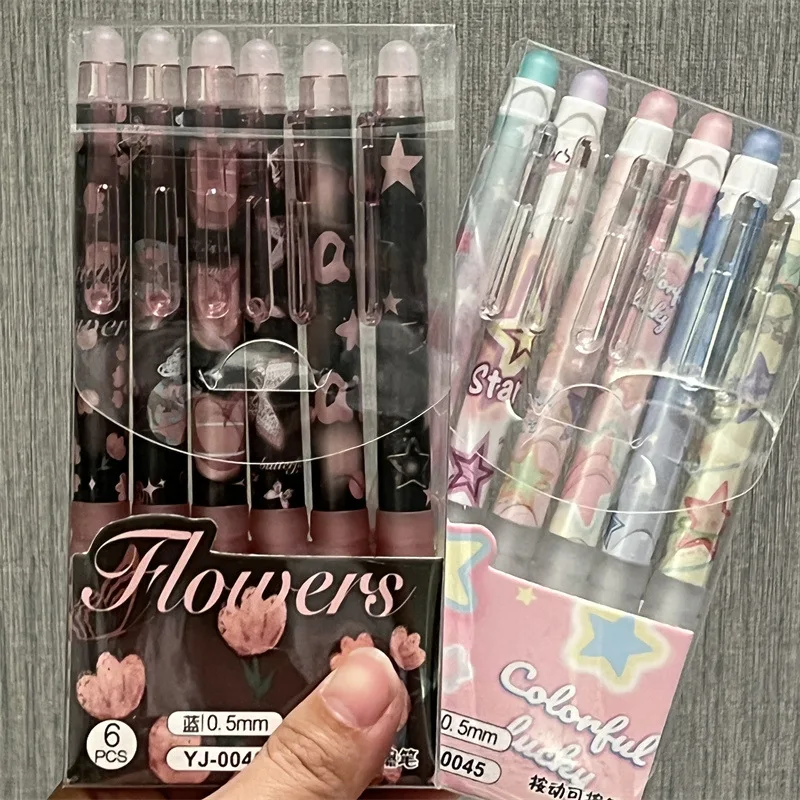 Bolígrafo borrable de tinta azul con goma de borrar, suministros escolares, papelería Kawaii japonesa, 6 piezas