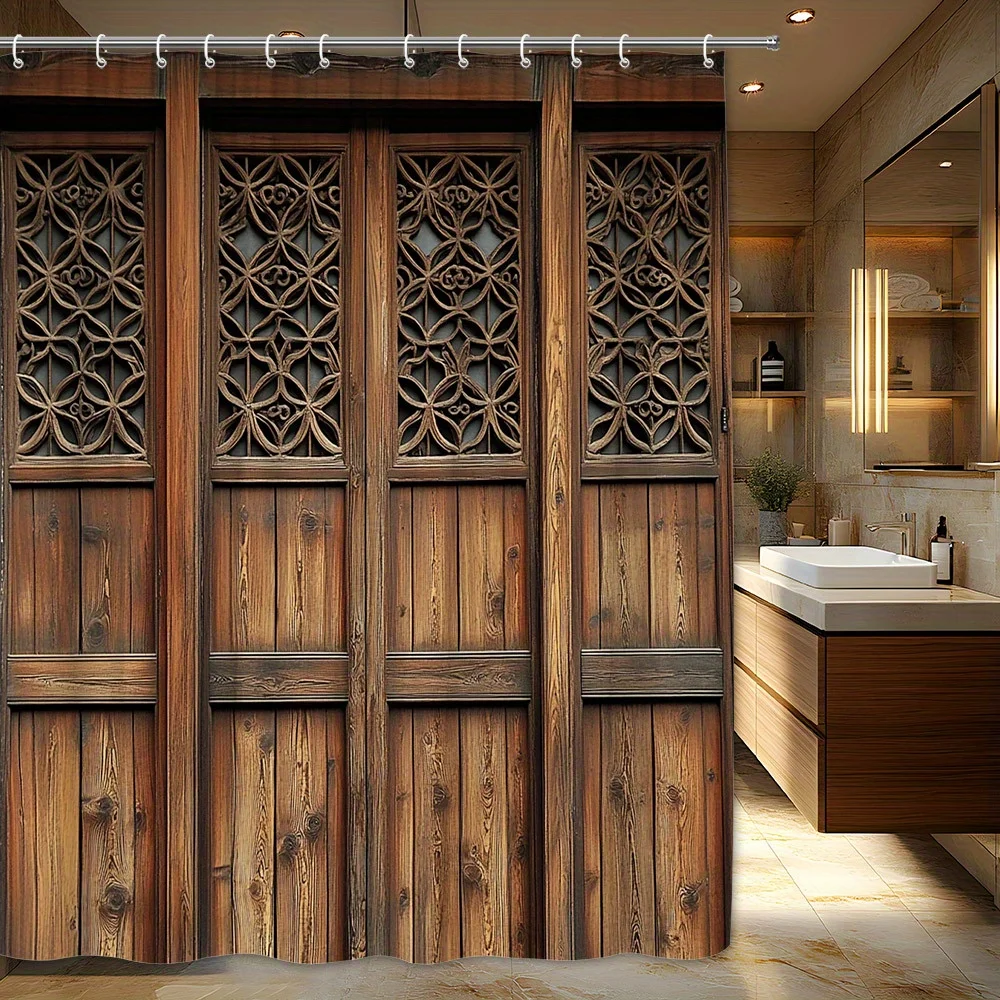 1pc Traditional Wooden Door Shower Curtain - Ancient Asian-Inspired Design with Intricate Lattice Panels & Floral Geometric Carv