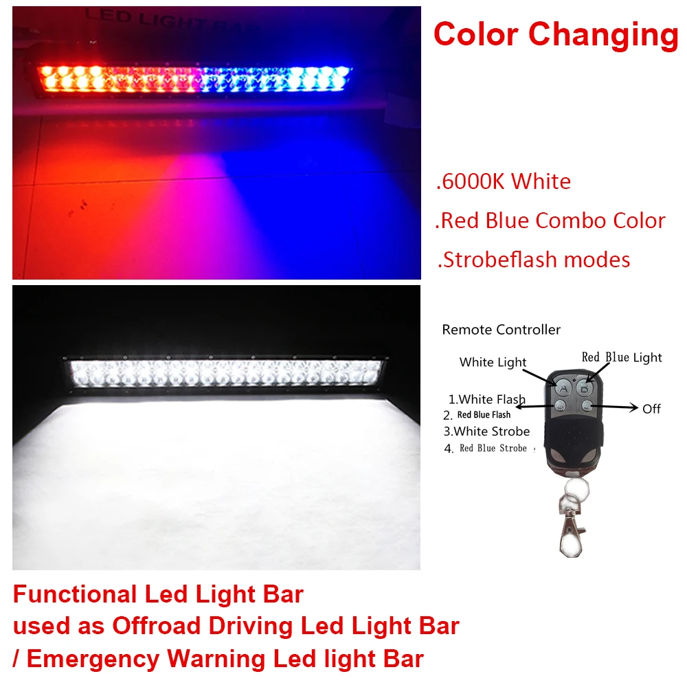 White/Red Blue/Strobeflash Led Light Bar 14 22 42 50inch 576W Off road Driving Emergency Warning Light Dual Color for Car Truck