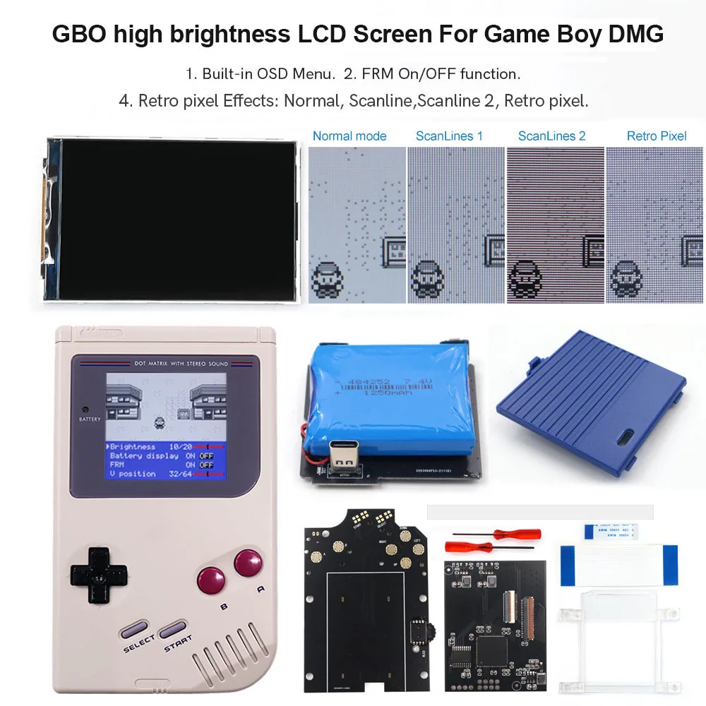 Newest V5 Ultra OSD Menu Full Size IPS Backlight LCD Screen Kit+Pre-cut Shell Case With Rechargeable Battery For Game Boy GB DMG