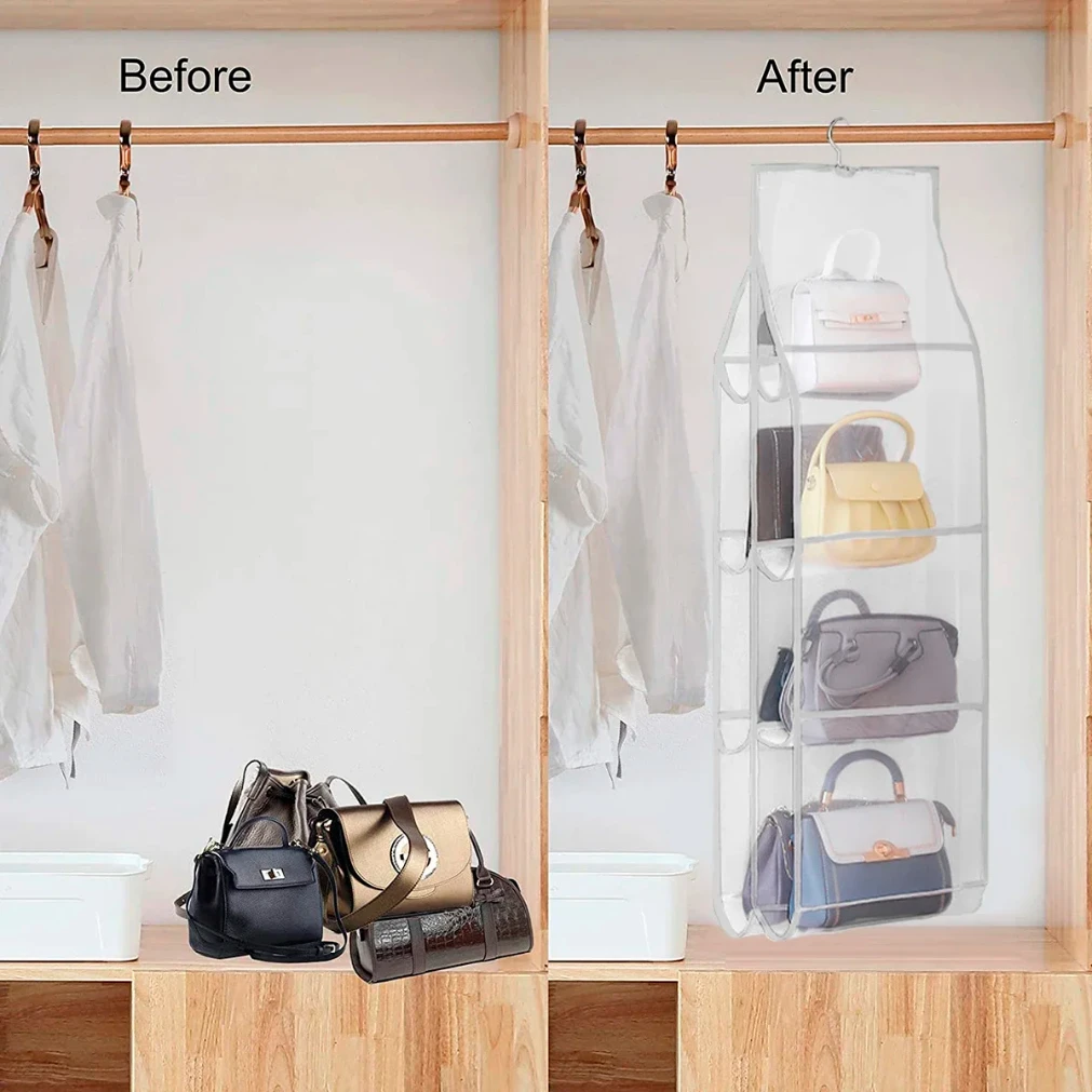 Hanging Handbag Storage Bag With 8 Pocket Wardrobe Closet Transparent Organizer Dust-proof Cover for Household Sundry Shoe Bag