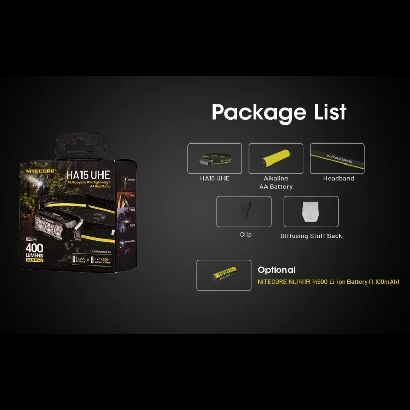 كشافات NITECORE HA15 UHE 400 لومن 6 * NiteLab UHE LED تتضمن بطارية للتخييم والمشي لمسافات طويلة/الرحلات