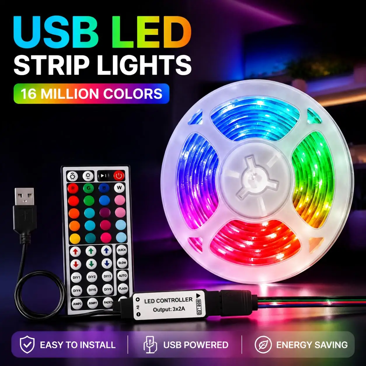 RGB decorative light strip, 1-30 meters, USB powered. Suitable for party and holiday decorations. An ideal choice for home décor