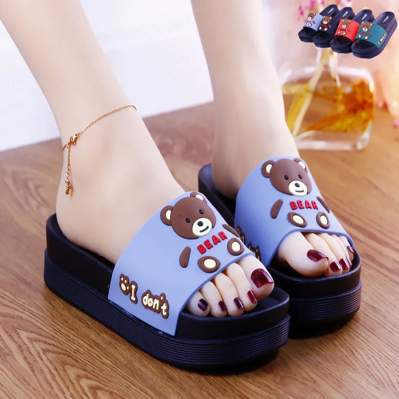 New Summer High-heeled Thick Soled Slippers Women\'s Cute Cartoon Bear Heightening Sandals Shoes Woman Heels Summer Slipper Slide