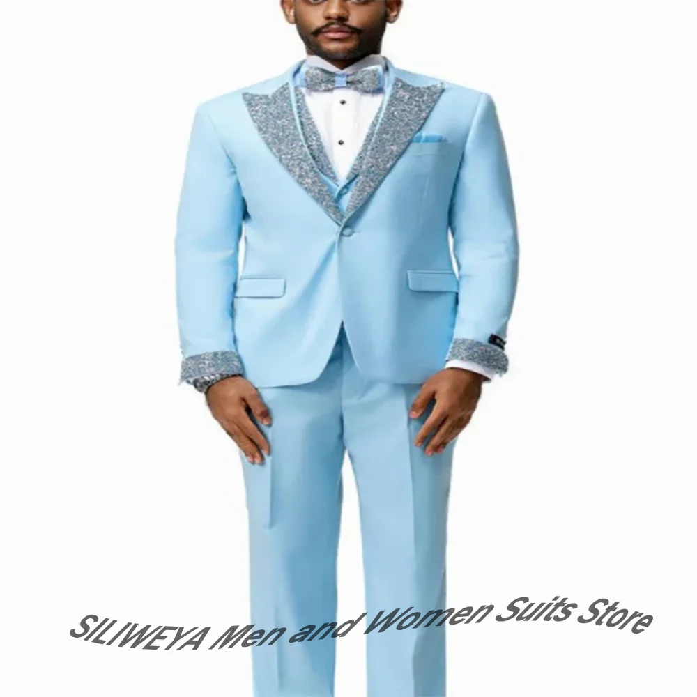 

Luxury Light Blue Men's Tuxedo with Glittery Lapel+Cuffs 3Piece Set Glamorous Formal Gentlemen Wear for Wedding & Evening Events
