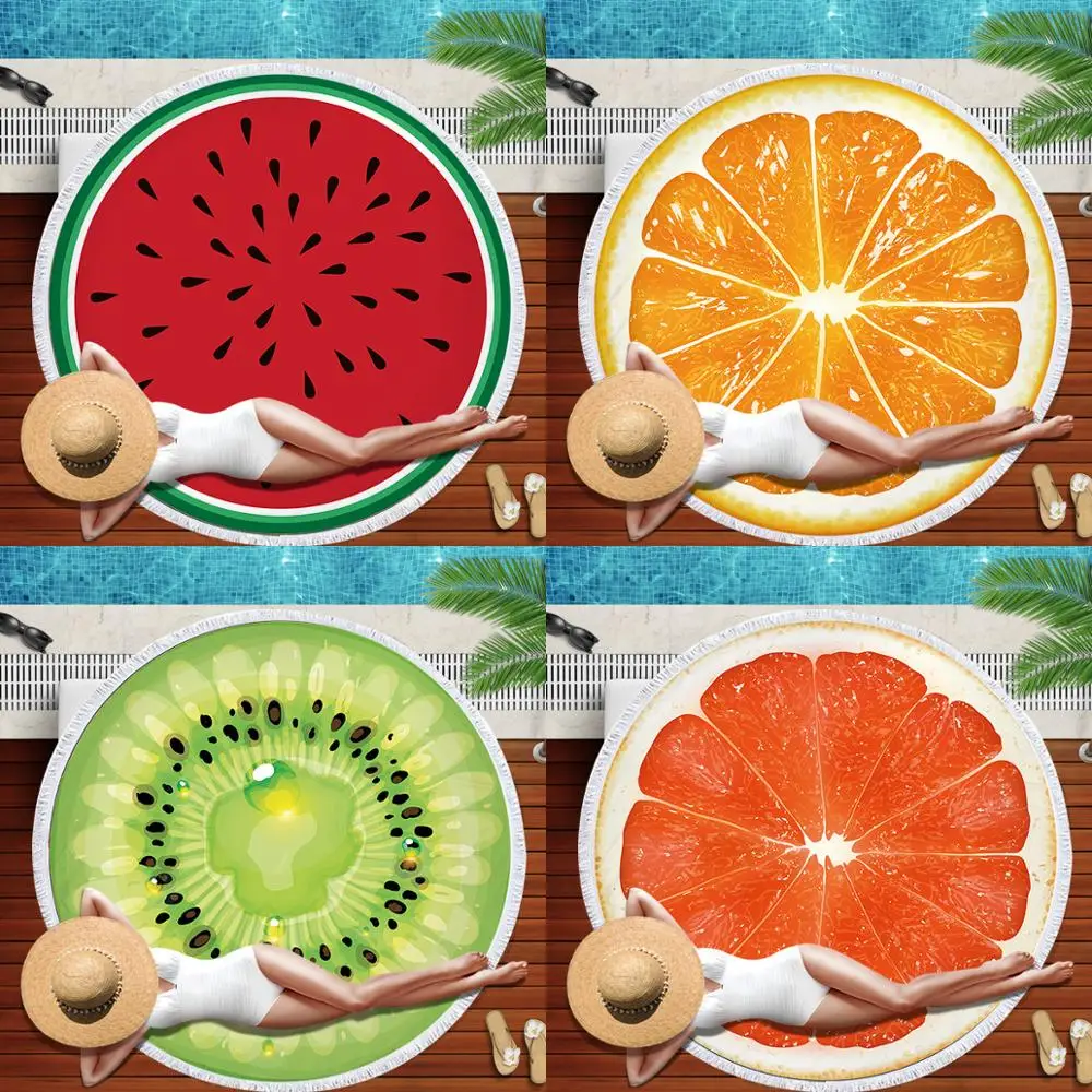 Watermelon Orange Microfiber Round Beach Towel Fruit Thick Shower Bath Towels Summer Swimming Circle Mat Towel With Tassel 150cm