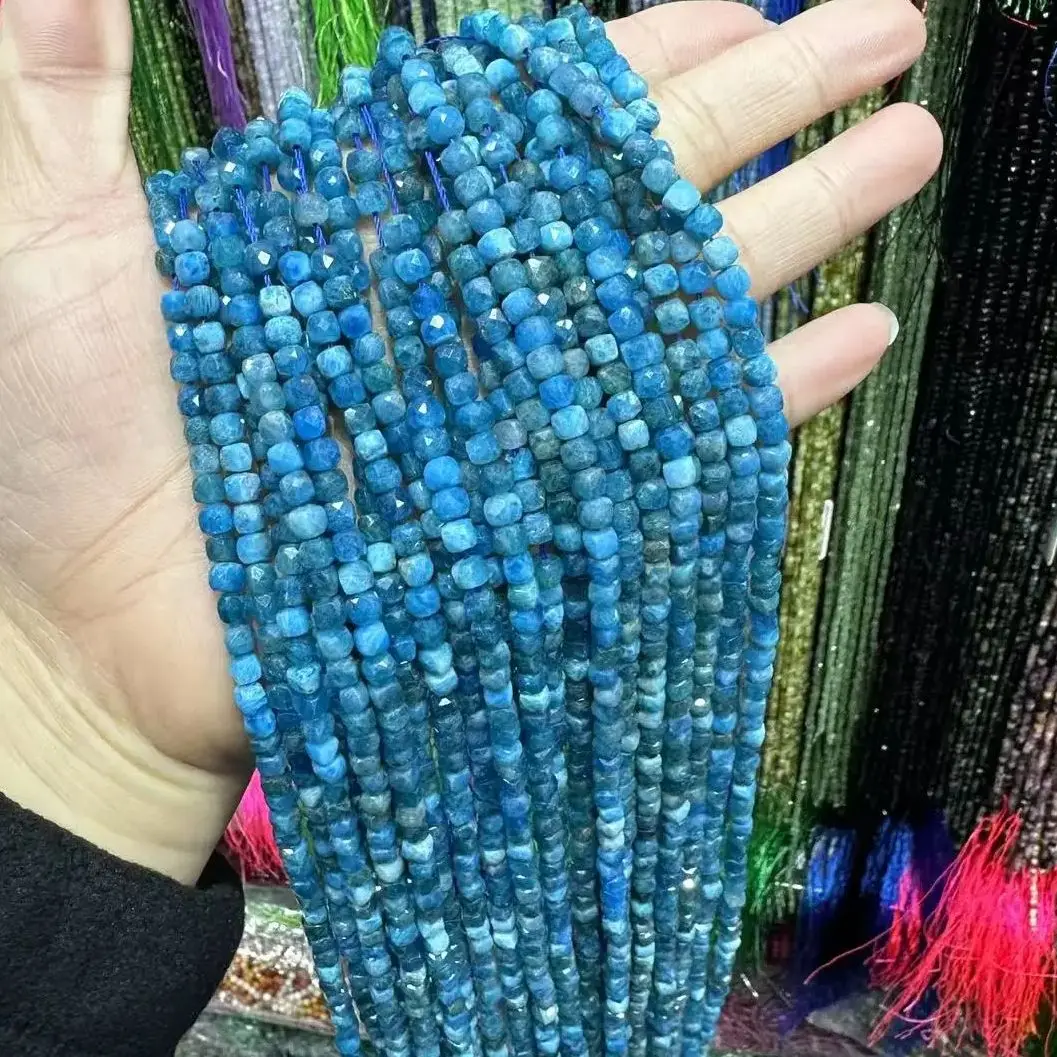 Natural Blue Apatite Gemstone Faceted Cube Loose Beads Making DIY Bracelet Necklace for Jewelry Making Accessories Wholesale