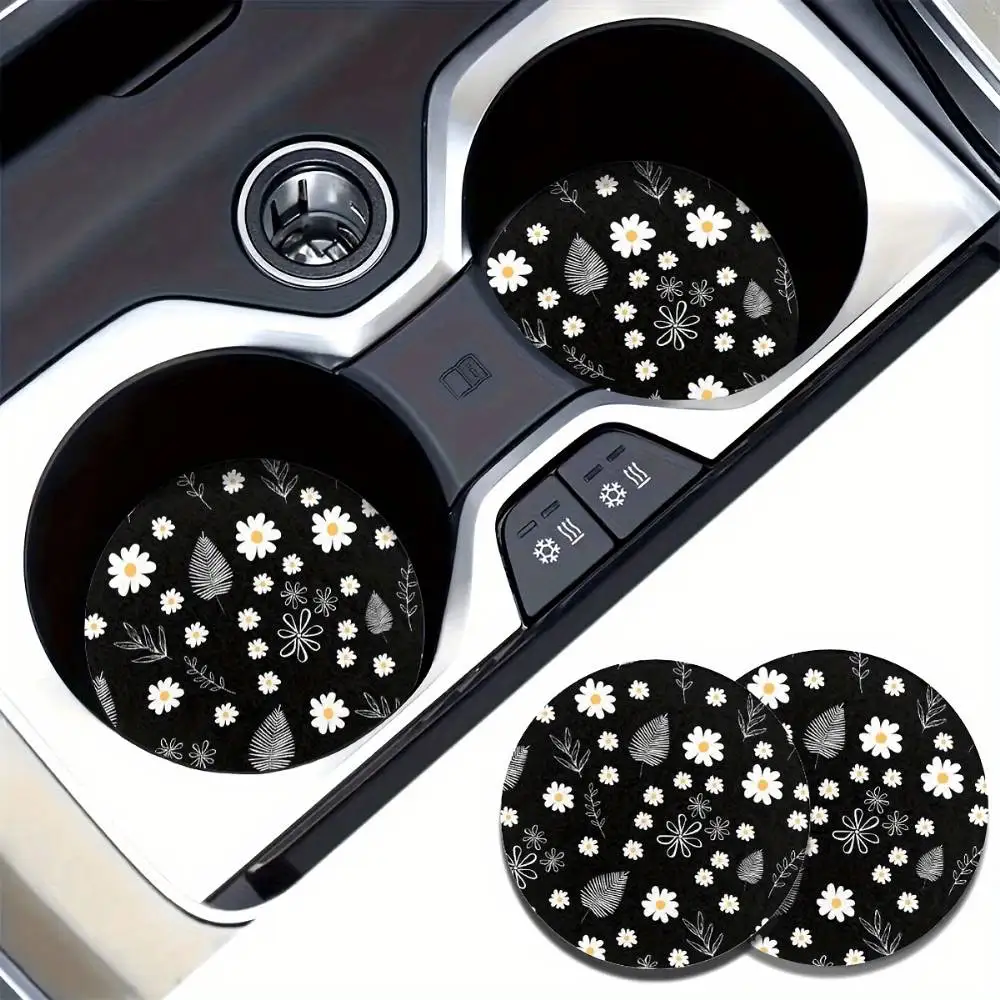 Daisy & Leaves Absorbent EVA Car Coasters 2pcs. All-season Unisex Car Interior Decor Holiday Gifts For Family & Friends.
