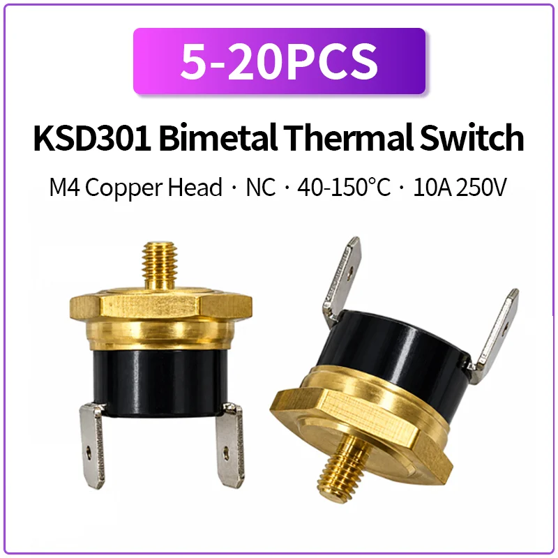 5-20PCS KSD301 Bimetal Thermal Switch M4 Copper Head 40-150°C NC 10A 250V Bent Lead Temperature Protector