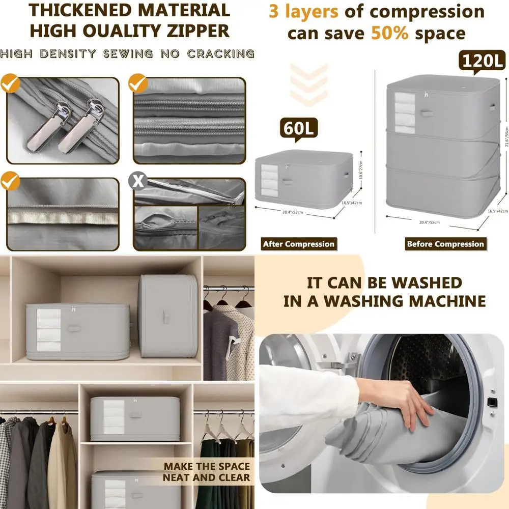 

Space-Saving 5-Piece Foldable Storage Bags for Clothes, Bedding, and More in Gray