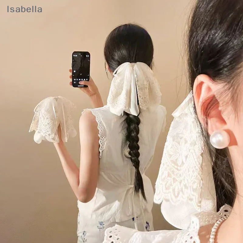 ♥ ♥ ♥ Jepit Rambut Poni Model Pita Besar Warna Beige dengan Renda, Jepit Rambut Model Shark Clip Elegan, Aksesoris Rambut