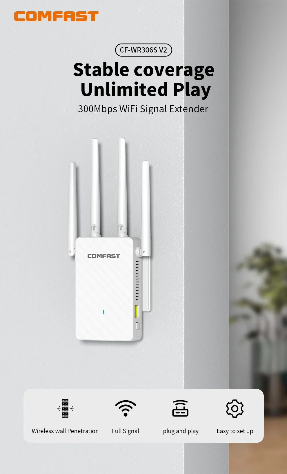 COMFAST 300Mbps WiFi Repeater Signal Booster 2.4GHz Wireless Internet Amplifier Long Range Extender with 4 Antennas for Home Off