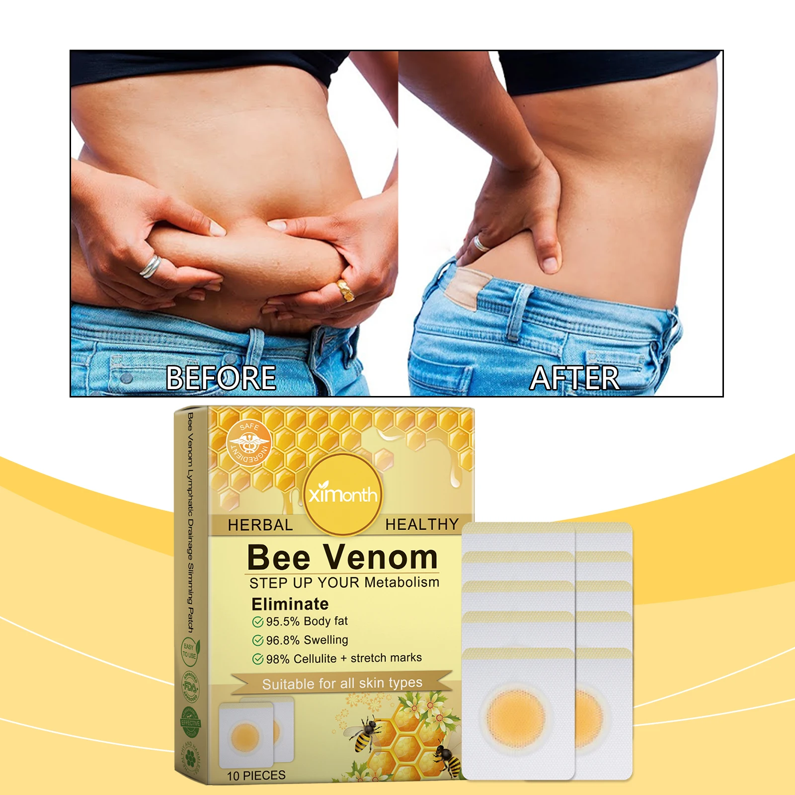 

Ximonth 10 Pcs Bee Venom Slimming Patch Long Lasting Fast Burning Fat Detox Body Shaping Weight Loss Skin Friendly for men Women