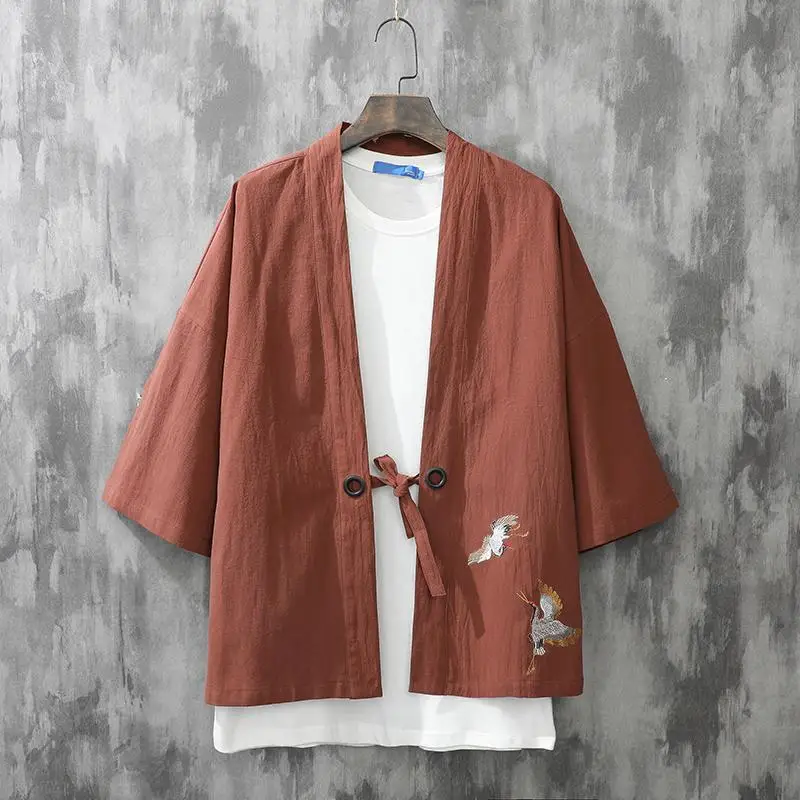 Summer Loose Men's Embroidered Crane Feather Jacket Seven Sleeve Open Cardigan Trendy Kimono Style Windbreaker Outerwear