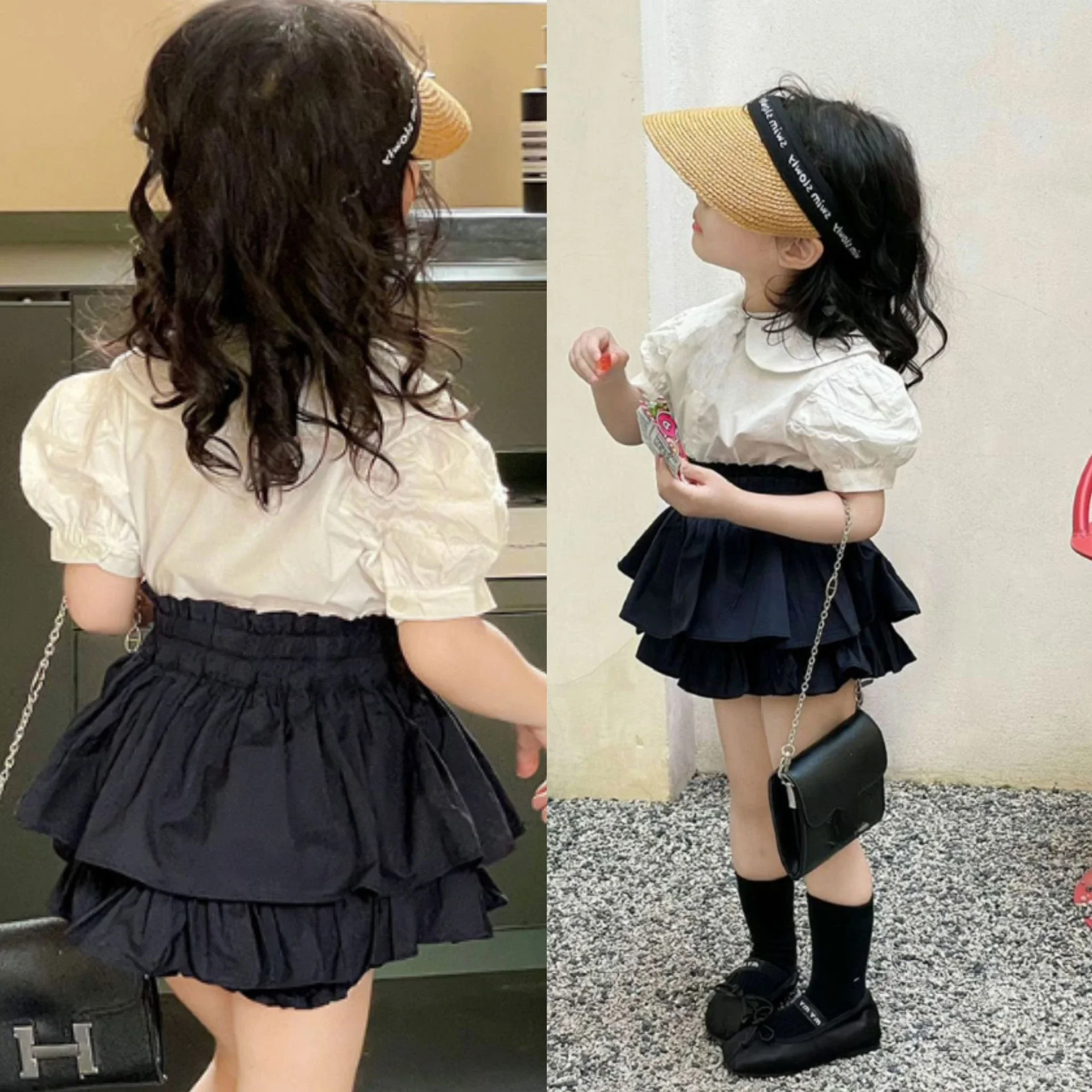 

Children's Clothing Sets Puffy Sleeve Short Sleeve Shirt + Bud Shorts Baby Girl Clothes Kids Boutique Clothes for 3 To 7 Years