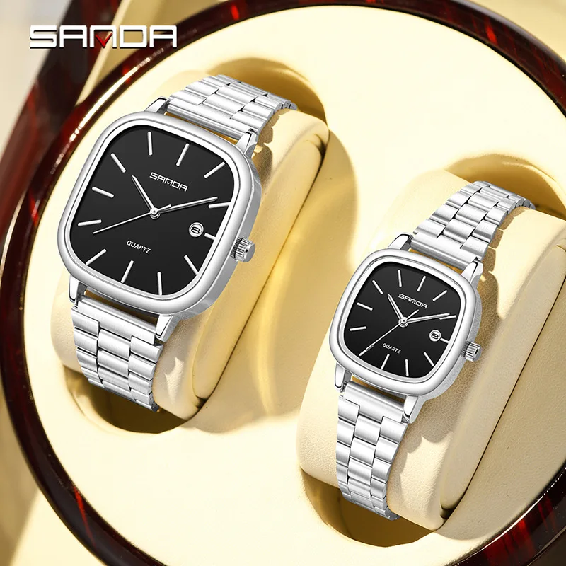 SANDA New Steel Band Couple Watches Vintage Calendar Waterproof Square Quartz Watch Minimalist 2 Piece Set Fashion Wristwatch