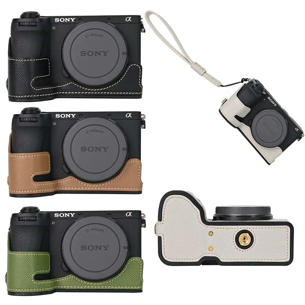 Camera Half Case For Sony A6700 Alpha 6700 Palm Print PU Leather Bottom Opening Cover With Strap
