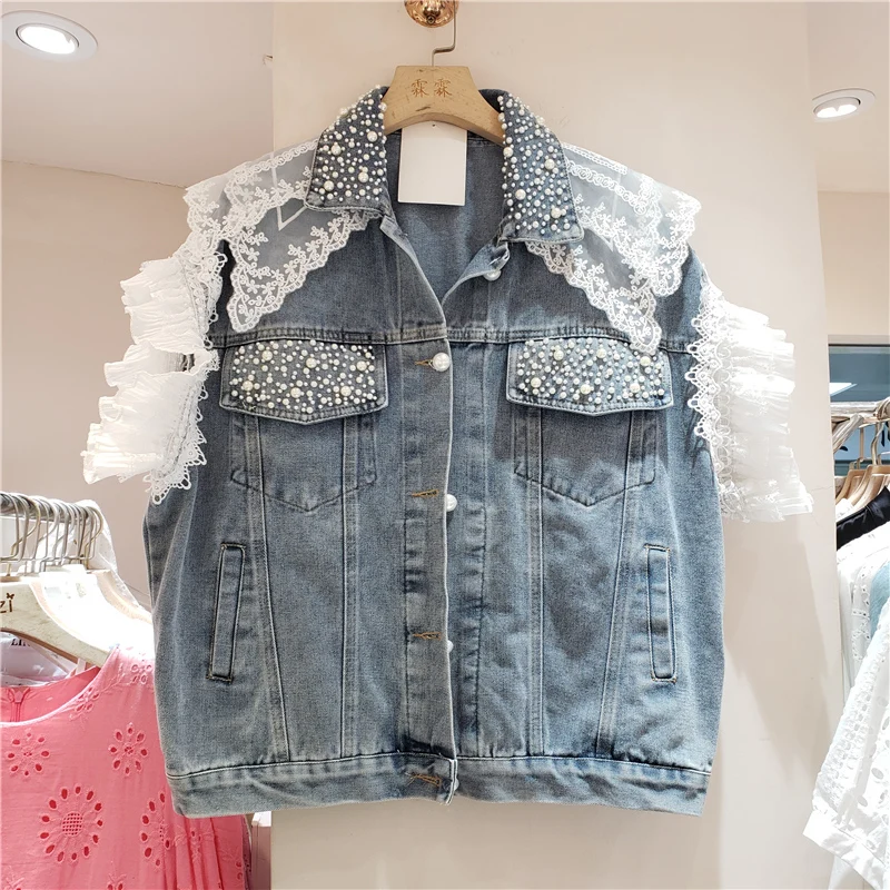 Fashion Pearl Beaded Lace Stitching Short Denim Vest Summer Women Casual Single-breasted Sleeveless Cowboy Waistcoat Veste Femme