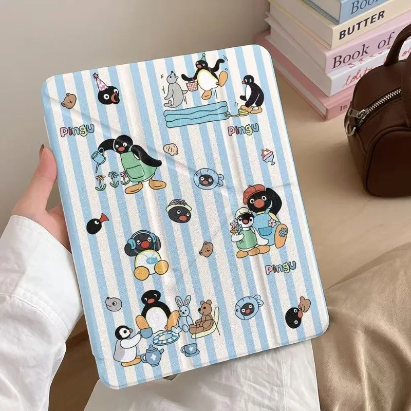 Cartoon Penguin IPad Case for 2024 Pro Air6 Air7 11th A16 11in Tablet Case 5th 9.7 9th 10.2 10th 10.9in Y-Fold Transparent Case