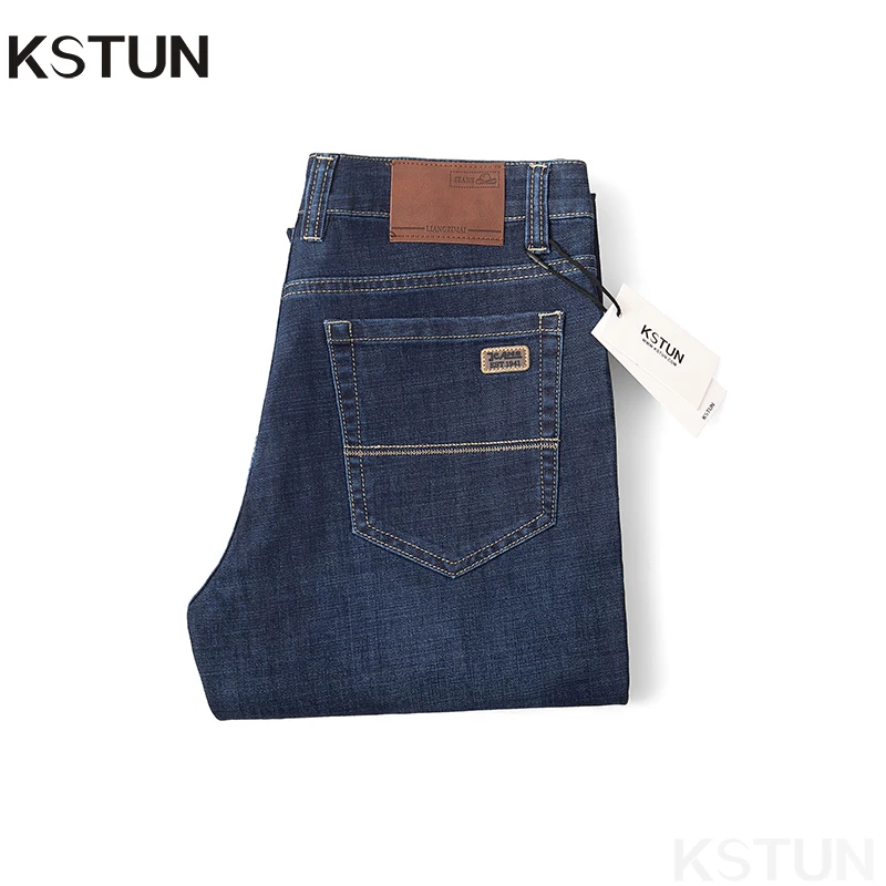 KSTUN Business Casual Jeans For Men Solid Blue Straight Cut Regular Fit Male Denim Pants 2024 New Arrival Full Length Trousers