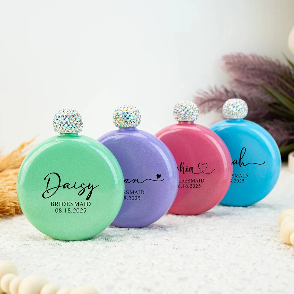 

Personalized Hip Flask, Stainless Steel, Rhinestone, Round, Gifts for Her, Bridesmaids, Birthday, Wedding Favor, 5oz
