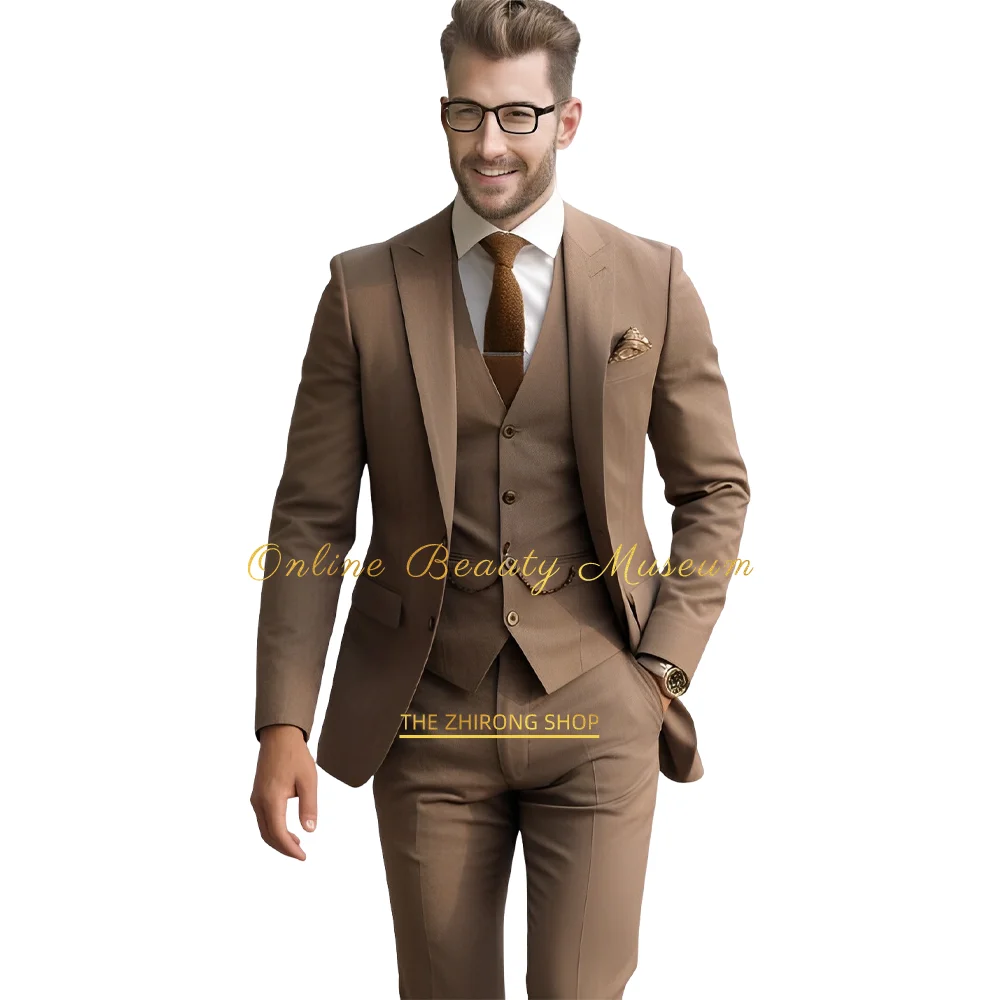 Costume Marron de Haute Qualité pour Homme, Veste, Gilet, Pantalon, Tenue de Mariage ou de Soirée, sur Mesure, Simple, Slim Fit