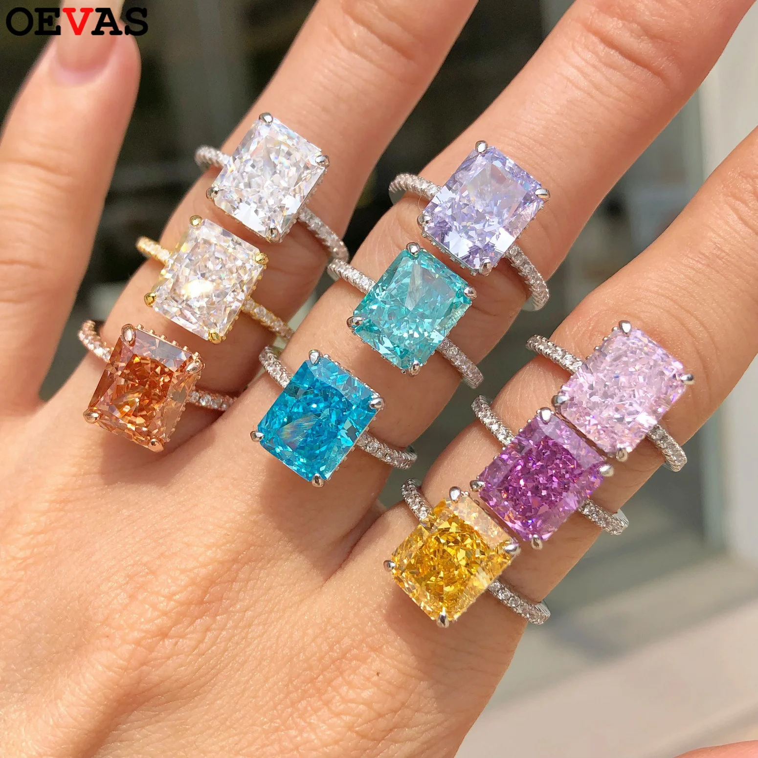 

OEVAS 8*10 мм желто-розовые кольца с высокоуглеродистым бриллиантом, 100% стерлинговое серебро 925 пробы, обручальное кольцо для женщин, вечерние ювелирные изделия, подарок