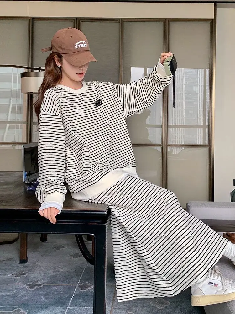 

plus Size Korean Sle Lazy Striped Sweatirt Set Spring Autumn Loose Casual Skirt Two Piece Set for Women Heavy 300 Po...