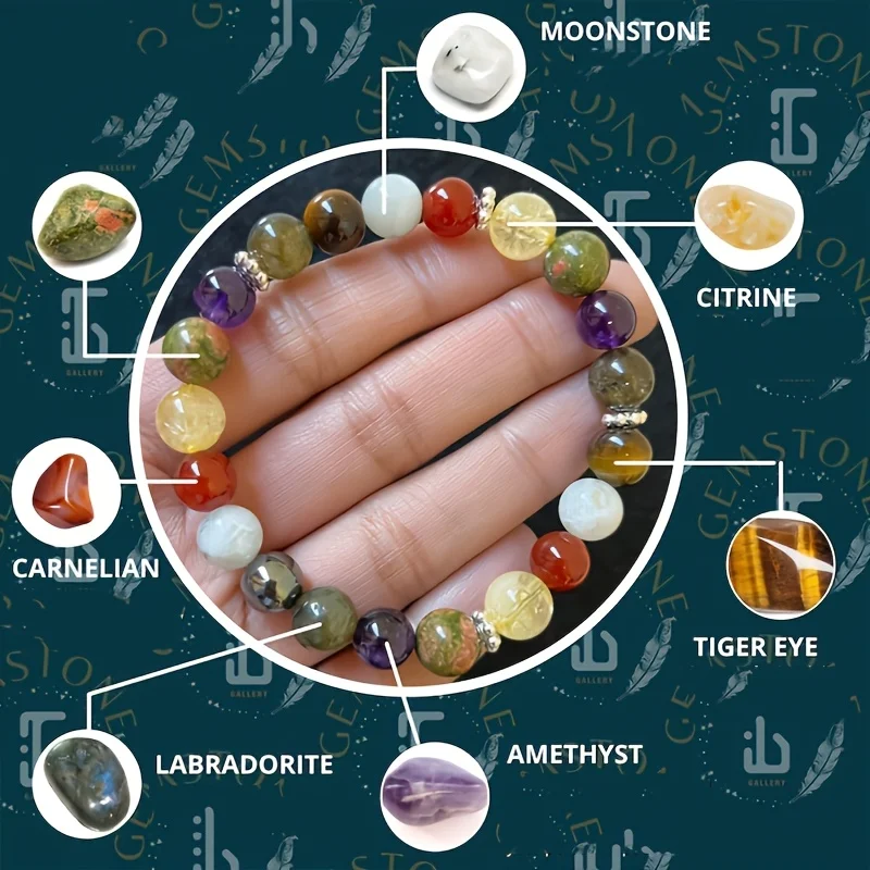 1pc Hormone Balance & Positive Bracelet: Moonstone, Citrine, Tiger Eye, Amethyst, Carnelian 8mm Crystal, Calm & Spiritual Gift