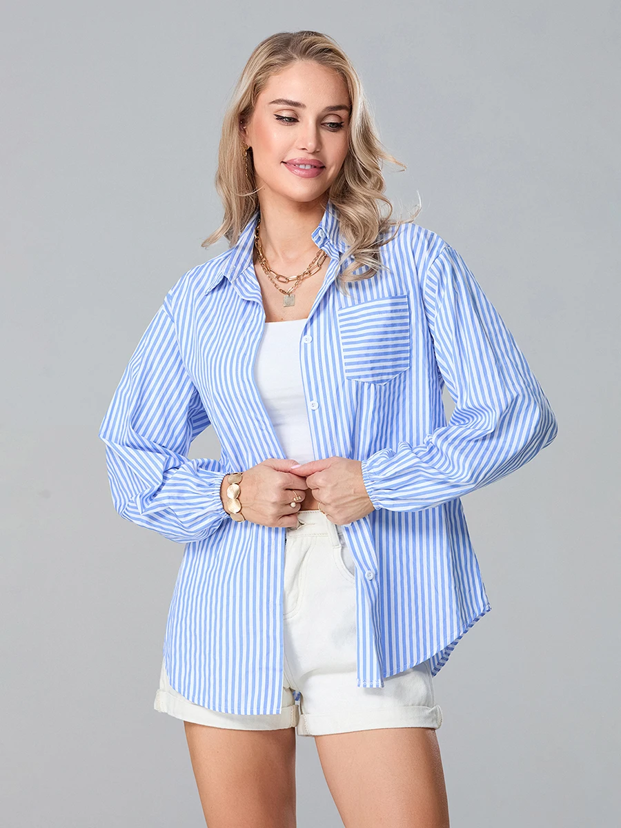 Camisas con estampado a rayas para mujer, blusas informales de manga larga con botones, blusas ligeras