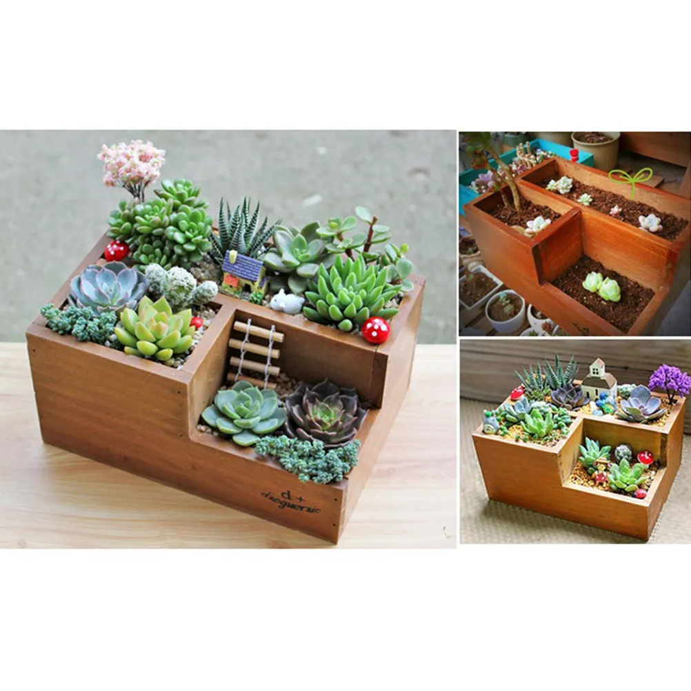 1Pcs Succulent Pot Creative Wood Garden Planter 3 Grids Compartment Sundries Organizer English Letters Decorative Flowerpot