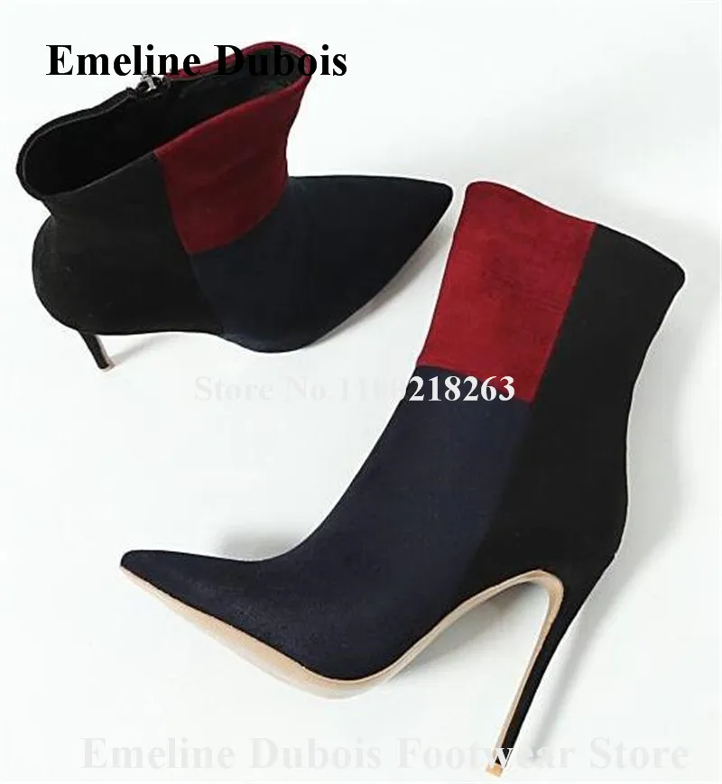 Patchwork Suede Short Boots Emeline Dubois Pointed Toe Stiletto Heel Red-blue-black Mixed Colors Ankle Booties Dress High Heels