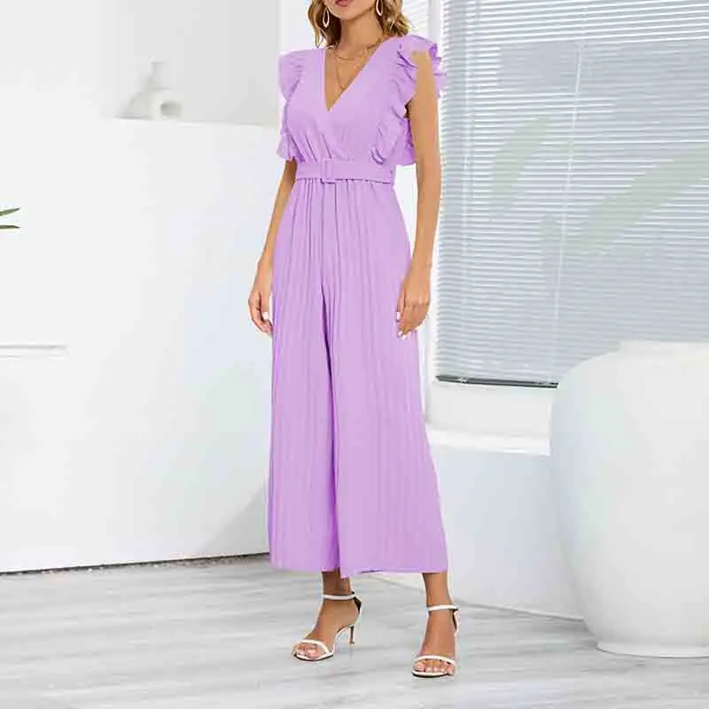 Sexy Slim Fit Jumpsuit High Waist Sleeveless Rompers Summer New 2024 Lotus Leaf V-neck Pleated Wide Leg Skirt Pants for Women