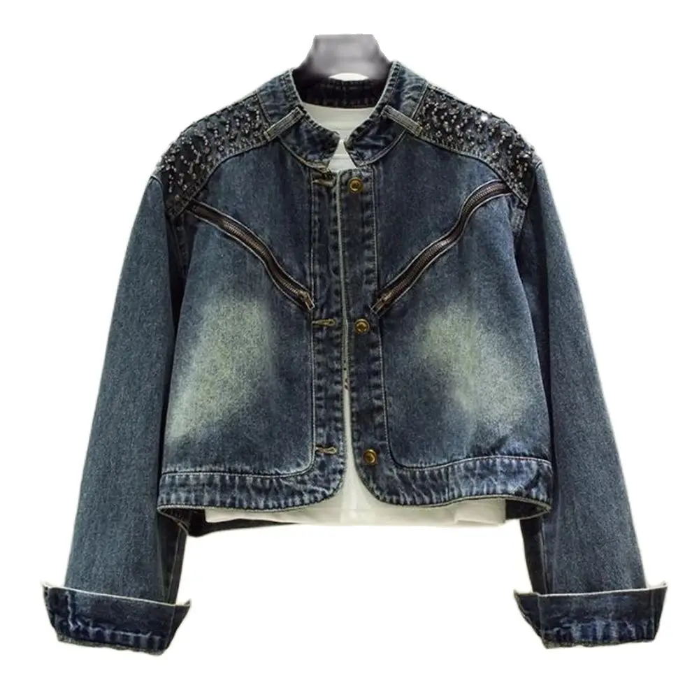 

New Fashion Street Jean Jackets For Women 2024 Designer Stylish Denim Coat Women's Diamonds Beaded Zipper Patchwork Short Jacket