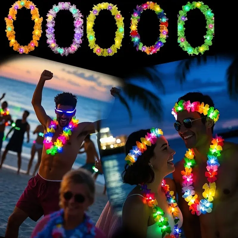 

20-500pcs Upgrade LED Hawaiian Leis Luau Light Up Lei Floral Glow Necklace Leis For Beach Themed Party Supplies Wedding Favors