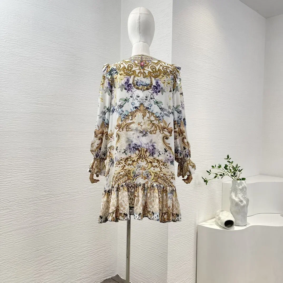 2024 High Quality Pure Silk Golden White Floral Print Long Sleeve Pullover Diamonds Pressed Ruffles Loose Women Mini Dress