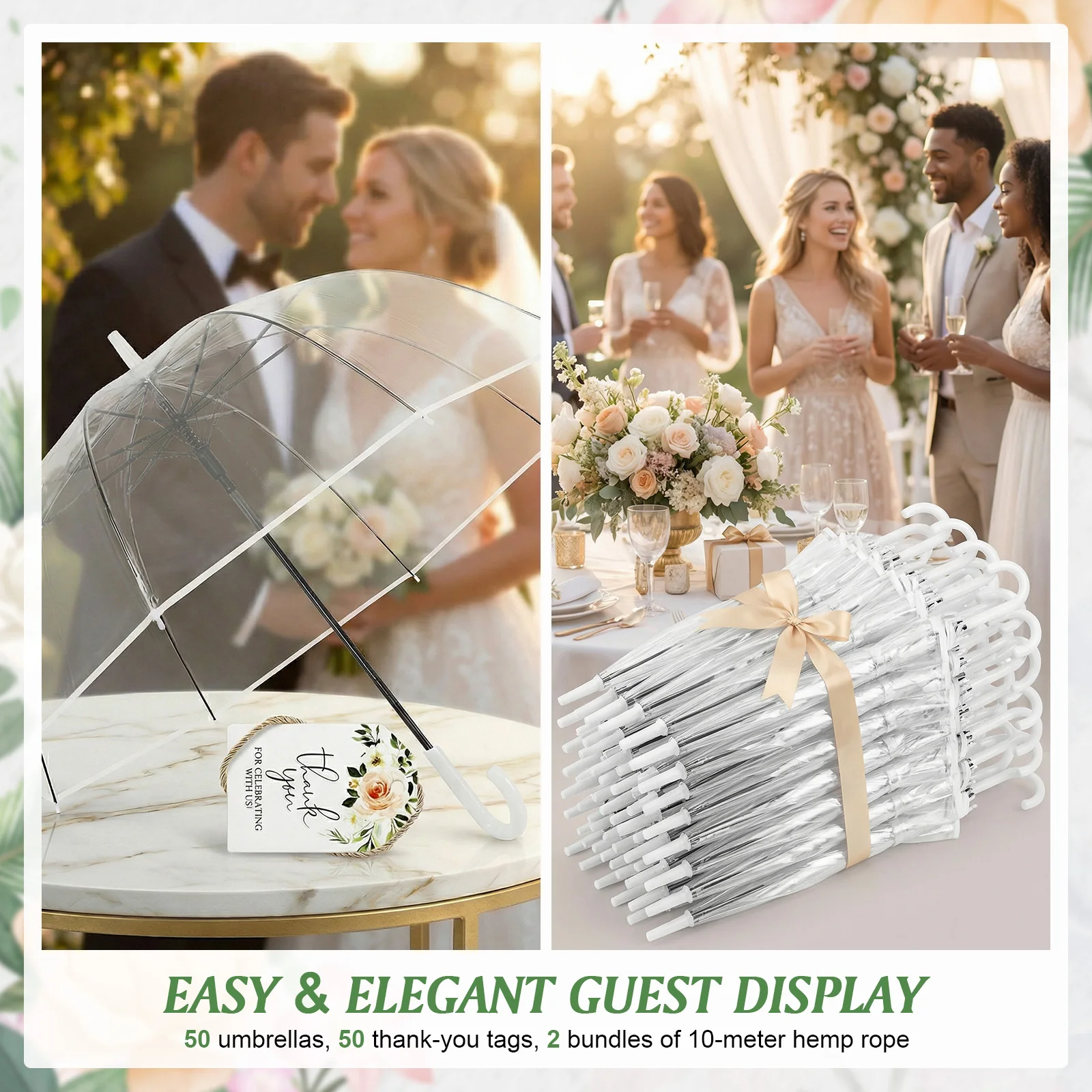 

Большой прозрачный зонт-купол 52 дюйма с автоматическим открыванием, классической ручкой-крючком, бирками «Спасибо» и веревкой – свадебные сувениры для гостей